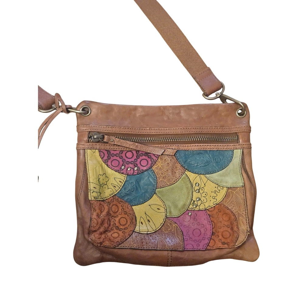 Fossil Multicolored Vintage Floral Canvas Leather‎ Trim Crossbody Bag Tan Strap